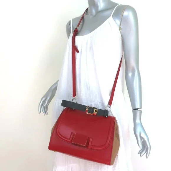 Fendi Silvana Top Handle Bag Red & Brown Leather Small Crossbody - Picture 2 of 12